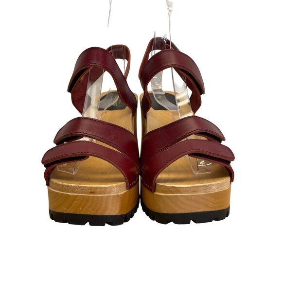 Hasbeens Swedish Women’s Burgundy Leather Wooden Platform Sandals Size US 10 - Picture 2 of 8